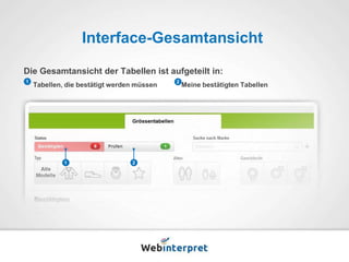 Interface-Gesamtansicht 
Die Gesamtansicht der Tabellen ist aufgeteilt in: 
1 2 
Tabellen, die bestätigt werden müssen Meine bestätigten Tabellen 
1 2 
 