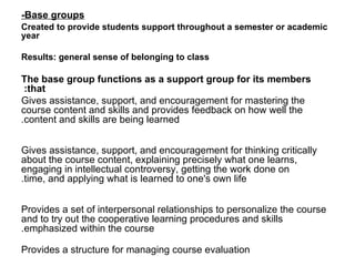 Base groups- Created to provide students support throughout a semester or academic year Results: general sense of belonging to class The base group functions as a support group for its members that:   Gives assistance, support, and encouragement for mastering the course content and skills and provides feedback on how well the content and skills are being learned. Gives assistance, support, and encouragement for thinking critically about the course content, explaining precisely what one learns, engaging in intellectual controversy, getting the work done on time, and applying what is learned to one's own life. Provides a set of interpersonal relationships to personalize the course and to try out the cooperative learning procedures and skills emphasized within the course. Provides a structure for managing course evaluation 