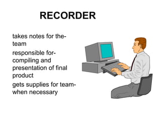 RECORDER -takes notes for the team -responsible for compiling and presentation of final product -gets supplies for team when necessary 