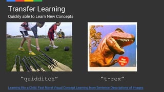 Transfer Learning
Quickly able to Learn New Concepts
“t-rex”“quidditch”
Learning like a Child: Fast Novel Visual Concept Learning from Sentence Descriptions of Images
 