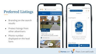 Preferred Listings
● Branding on the search
results
● Protect listings from
other advertisers
● Phone number
displayed on the lead
form
 