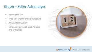 ● Home sells fast
● They can choose their closing date
● All cash transaction
● Eliminates stress of open houses
and showings
iBuyer - Seller Advantages
 