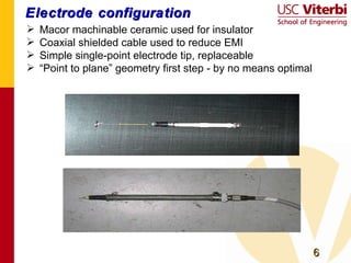 Electrode configuration  Macor machinable ceramic used for insulator Coaxial shielded cable used to reduce EMI Simple single-point electrode tip, replaceable “ Point to plane” geometry first step - by no means optimal 