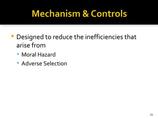 Designed to reduce the inefficiencies that arise from Moral Hazard Adverse Selection 