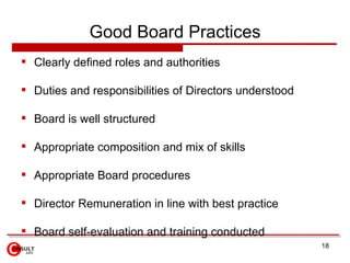 Good Board Practices
 Clearly defined roles and authorities

 Duties and responsibilities of Directors understood

 Board is well structured

 Appropriate composition and mix of skills

 Appropriate Board procedures

 Director Remuneration in line with best practice

 Board self-evaluation and training conducted
                                                        18
 