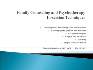 1. Directing Work: Prescribing Tasks and Directives
2. Challenging the Symptom and Worldview
3. Use of the Genogram
4. Empty Chair Techniques
5. Sculpting
6. Simple Tactics for Session
7. One-down Positioning
8. Paradox and Paradoxical Intention
Demetrios Peratsakis, LPC, ACS and Natalia Boyarinova, LPC
 