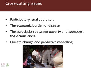 Cross-cutting issues
• Participatory rural appraisals
• The economic burden of disease
• The association between poverty and zoonoses:
the vicious circle
• Climate change and predictive modelling
 