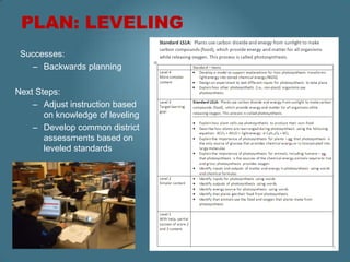 PLAN: LEVELING
 Successes:
   – Backwards planning

Next Steps:
    – Adjust instruction based
       on knowledge of leveling
    – Develop common district
       assessments based on
       leveled standards
 