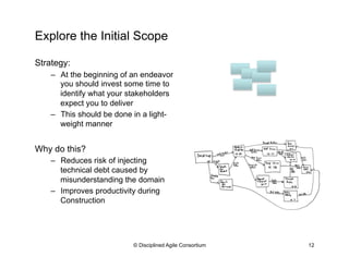 Explore the Initial Scope
Strategy:
–  At the beginning of an endeavor
you should invest some time to
identify what your stakeholders
expect you to deliver
–  This should be done in a light-
weight manner
Why do this?
–  Reduces risk of injecting
technical debt caused by
misunderstanding the domain
–  Improves productivity during
Construction
© Disciplined Agile Consortium 12
 