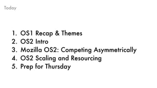 Today
1. OS1 Recap & Themes
2. OS2 Intro
3. Mozilla OS2: Competing Asymmetrically
4. OS2 Scaling and Resourcing
5. Prep for Thursday
 