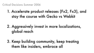 Critical Decisions Summer 2006
1. Accelerate product releases (Fx2, Fx3), and 
stay the course with Gecko vs Webkit 
2. Aggressively invest in more localizations,  
global reach
3. Keep building community, keep treating  
them like insiders, embrace all
 