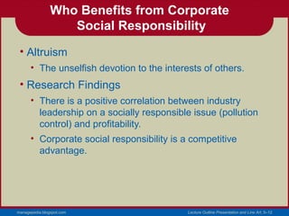 Who Benefits from Corporate
                   Social Responsibility
 • Altruism
      • The unselfish devotion to the interests of others.
 • Research Findings
      • There is a positive correlation between industry
        leadership on a socially responsible issue (pollution
        control) and profitability.
      • Corporate social responsibility is a competitive
        advantage.




managepedia.blogspot.com                    Lecture Outline Presentation and Line Art, 5–12
 