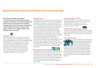 3.2 Selection by extra-ﬁnancial indexes and company rankings


Extra-ﬁnancial ratings and inclusion          Evaluation by SAM                                                                              ASPI Eurozone (Vigeo)
in specialized stock market indexes provide a In 2010, Veolia Environnement was not selected in the Dow Jones                                The European Index ASPI Eurozone comprises the 120 most
measure of companies’ sustainable development Sustainability Indexes (DJSI). The “best in class” methodology used                            competitive companies in terms of social and environmental
                                              by the agency and applied to the “Water Utilities” sector led this                             responsibility listed in the eurozone. In 2010, Veolia
performance. The principal areas evaluated
                                              year to the selection of only one company even though results of                               Environnement was included once again in the index,
are governance, human resources management,                                                                                                  as it was from 2004 to June 2008.
                                              other companies were good. The rating of Veolia Environnement’s
environmental performance, ethics, human      sustainable development performance remains at a high level
rights, customer care, supplier relations and (71/100). The company’s scores were higher than 2009 for                                       Classiﬁed “Prime” by Oekom Research
dialogue with civil society.                  11 criteria out of 20 and received a grade above the average of                                In 2010, Veolia Environnement maintained the “Prime” category
                                                                       the “Water Utilities” sector concerning 17 criteria. In addition,     classiﬁcation assigned by Oekom Research to companies that are
                                                                       Veolia Environnement received the highest scores in six categories.   among the best in their industry for social and environmental
                                                                       Since 2003, Veolia Environnement has been selected for inclusion      responsibility.
FTSE4Good                                                              in these indexes every year, except for 2005 and 2010.
Veolia Environment has been listed on the FTSE4Good since
                                                                       The Dow Jones Sustainability indexes rate the performance             Carbon disclosure project
2004. It is assessed by Eiris (United Kingdom) and Ethiﬁnance
                                                                       of companies that are leaders in sustainable development. In 2010,                           Veolia Environnement was ranked eighth out
(France). Considering that inclusion criteria are regularly reviewed
                                                                       of the 2,500 largest companies on the Dow Jones Global Total                                  of the 20 leading companies in the Carbon
and tightened, Veolia Environnement’s recurrent inclusion
                                                                       Stock Market Index (DJGTSMI), only 323 were selected for inclusion                            Disclosure Leadership Index (CDLI) France
in these indexes is an acknowledgment of the company’s
                                                                       in the DJSI World. Some 163 companies of the DJGTSMI composed                                 in 2010 with a score of 82/100, which
performance and long-term commitment to sustainable
                                                                       the European selection of the DJSI (Dow Jones Sustainability                                  is an improvement on the previous year
development. The FTSE4Good index comprises about
                                                                       Europe Index).                                                        (+6 points). CDLI selects the companies with the best quality
900 companies listed on the FTSE Global Equity indexes.
                                                                                                                                             responses at the Carbon Disclosure Project (CDP) and rewards
These companies are selected on the basis of a series of
                                                                       Ethibel Sustainability Indexes (Vigeo)                                transparent communication on climate change. The CDP’s aim
internationally recognized corporate responsibility and
                                                                       Veolia Environnement’s inclusion in the Ethibel Excellence Europe     is to assist investment decisions so they account for the eﬀects
sustainable development criteria and standards.
                                                                       and Ethibel Excellence Global indexes was conﬁrmed in 2010,           of climate change on companies. The association is supported
                                                                       on the basis of assessments by Vigeo. The Ethibel Sustainability      by several institutional investors with worldwide assets worth
                                                                       indexes oﬀer an overall view of the ﬁnancial performance of the       $64 billion.
                                                                       world’s largest companies in terms of sustainable development.
                                                                       These two indexes are composed of companies listed in the
                                                                       Excellence Register compiled by the independent organization
                                                                       Forum Ethibel.

                                                                                                 Veolia Environnement — Managing corporate responsibility / Assessment and management procedures           12
 