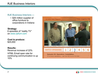 RJE Business Interiors RJE Business Interiors — $26 million supplier of office furniture to corporations in Indiana Strategy:  6 episodes of “reality TV”  on   www.rjefurn.com   Cost to produce:  $25,000 Results:  Revenue increase of 22%  HTML Email open rate for continuing communication is up 10% 