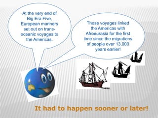 At the very end of
    Big Era Five,
European mariners       Those voyages linked
 set out on trans-         the Americas with
oceanic voyages to      Afroeurasia for the first
   the Americas.      time since the migrations
                        of people over 13,000
                             years earlier!




       It had to happen sooner or later!
                                                    45
 