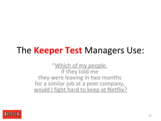 The Keeper Test Managers Use:
“Which of my people,
if they told me
they were leaving in two months
for a similar job at a peer company,
would I fight hard to keep at Netflix?
29
 