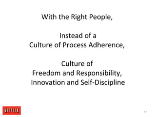 With the Right People,
Instead of a
Culture of Process Adherence,
Culture of
Freedom and Responsibility,
Innovation and Self-Discipline
57
 