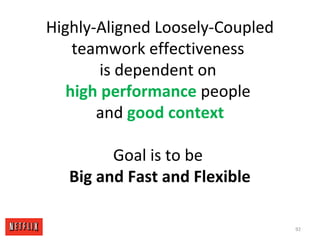 Highly-Aligned Loosely-Coupled
teamwork effectiveness
is dependent on
high performance people
and good context
Goal is to be
Big and Fast and Flexible
92
 