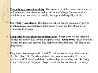 Masculinity versus femininity . The extent to which a culture is conducive to dominance, assertiveness and acquisition of things. Versus a culture which is more conducive to people, feelings and the quality of life. Uncertainty avoidance . The degree to which people in a country prefer structured over unstructured situations or we can say that  Openness or Resistance to Change  Long-term versus short-term orientation .  Long-term : values oriented towards the future, like saving and persistence.  Short-term : values oriented towards the past and present, like respect for tradition and fulfilling social obligations. They took two examples of 18 and 20 nations, comparing rich countries like the USA, UK, Canada and Australia, to poor countries like India, Pakistan and Thailand and those on the rich/poor dividing line like Hong Kong, Taiwan and Singapore. Nigeria and Zimbabwe were in the study.  