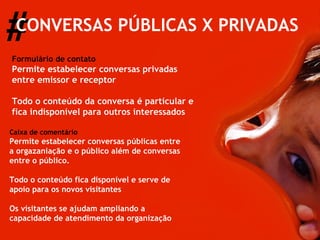 # CONVERSAS PÚBLICAS X PRIVADAS Formulário de contato Permite estabelecer conversas privadas entre emissor e receptor Todo o conteúdo da conversa é particular e fica indisponível para outros interessados Caixa de comentário Permite estabelecer conversas públicas entre  a orgazaniação e o público além de conversas entre o público. Todo o conteúdo fica disponível e serve de apoio para os novos visitantes Os visitantes se ajudam ampliando a capacidade de atendimento da organização 