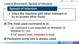 Copyright ©2017 JPCERT/CC All rights reserved.
Lateral Movement: Spread of Infection
• Infect the machine with other malware or
try to access other hosts
Spread of infection
27
The most used command is at.
—“at” command is not supported on Windows 10,
Windows 8.1 etc.
—If "at" doesn't exist, schtasks is used.
Password dump tool is always used.
 