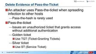 Copyright ©2017 JPCERT/CC All rights reserved.
An attacker uses Pass-the-ticket when spreading
infection to other hosts
—Pass-the-hash is rarely used
Pass-the-ticket
—Issues an unauthorized ticket that grants access
without additional authentication
—Golden ticket
Use TGT (Ticket-Granting Tickets)
—Silver ticket
Use ST (Service Ticket)
36
Delete Evidence of Pass-the-Ticket
 