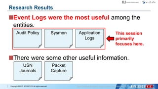 Copyright ©2017 JPCERT/CC All rights reserved.
Event Logs were the most useful among the
entities.
There were some other useful information.
Research Results
Audit Policy Sysmon Application
Logs
This session
primarily
focuses here.
USN
Journals
Packet
Capture
 