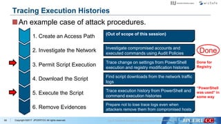 Copyright ©2017 JPCERT/CC All rights reserved.
(Out of scope of this session)
Investigate compromised accounts and
executed commands using Audit Policies
1. Create an Access Path
2. Investigate the Network
3. Permit Script Execution
4. Download the Script
5. Execute the Script
6. Remove Evidences
Trace change on settings from PowerShell
execution and registry modification histories
Find script downloads from the network traffic
logs
Trace execution history from PowerShell and
command execution histories
Prepare not to lose trace logs even when
attackers remove them from compromised hosts
69
Tracing Execution Histories
An example case of attack procedures.
Done for
Registry
Done
“PowerShell
was used” in
some way
 