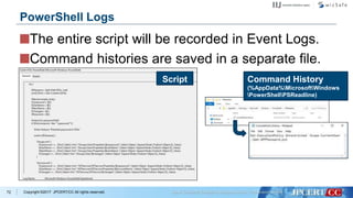 Copyright ©2017 JPCERT/CC All rights reserved.
The entire script will be recorded in Event Logs.
Command histories are saved in a separate file.
72
PowerShell Logs
Script Command History
(%AppData%MicrosoftWindows
PowerShellPSReadline)
 