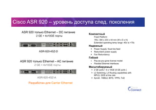 Компактный
  Fixed Platform
  1RU, 394 x 233 x 44 mm (W x D x H)
  Extended operating temp range -40c to +70c
Надежный
  Power Supply: Dual line feed
  Redundant power supply
  Fan Redundancy
Гибкий
  Pay-as-you-grow license model
  Flexible Ethernet interfaces
Масштабируемый
  2 GE ports + 4 x 10GE (6 GE ports )
  L2 Switching, L3 Routing capabilities with
MPLS, QOS at line rate
  SyncE, 1588v2, BITS, 1PPS, ToD
ASR 920 только Ethernet – DC питание
2 GE + 4x10GE порты
ASR-920-4SZ-D
Разработан для Carrier Ethernet
Cisco ASR 920 – уровень доступа след. поколения
ASR 920 только Ethernet – AC питание
2 GE + 4x10GE порты
ASR-920-4SZ-A
 