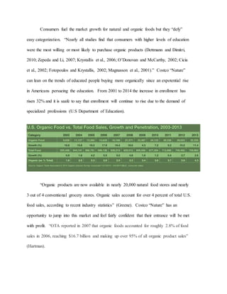 Consumers fuel the market growth for natural and organic foods but they “defy”
easy categorization. “Nearly all studies find that consumers with higher levels of education
were the most willing or most likely to purchase organic products (Dettmann and Dimitri,
2010; Zepeda and Li, 2007; Krystallis et al., 2006; O’Donovan and McCarthy, 2002; Cicia
et al., 2002; Fotopoulos and Krystallis, 2002; Magnusson et al., 2001).” Costco “Nature”
can lean on the trends of educated people buying more organically since an expotential rise
in Americans persueing the education. From 2001 to 2014 the increase in enrollment has
risen 32% and it is saafe to say that enrollment will continue to rise due to the demand of
specialized professions (U.S Department of Education).
“Organic products are now available in nearly 20,000 natural food stores and nearly
3 out of 4 conventional grocery stores. Organic sales account for over 4 percent of total U.S.
food sales, according to recent industry statistics” (Greene). Costco “Nature” has an
opportunity to jump into this market and feel fairly confident that their entrance will be met
with profit. “OTA reported in 2007 that organic foods accounted for roughly 2.8% of food
sales in 2006, reaching $16.7 billion and making up over 95% of all organic product sales”
(Hartman).
 