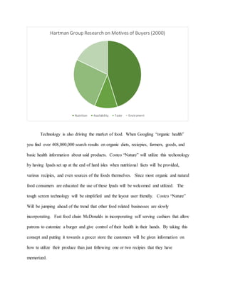 Technology is also driving the market of food. When Googling “organic health”
you find over 408,000,000 search results on organic diets, reciepies, farmers, goods, and
basic health information about said products. Costco “Nature” will utilize this techonology
by having Ipads set up at the end of hard isles when nutritional facts will be provided,
various recipies, and even sources of the foods themselves. Since most organic and natural
food consumers are educated the use of these Ipads will be welcomed and utilized. The
tough screen technology will be simplified and the layout user friendly. Costco “Nature”
Will be jumping ahead of the trend that other food related businesses are slowly
incorporating. Fast food chain McDonalds in incorporating self serving cashiers that allow
patrons to cutomize a burger and give control of their health in their hands. By taking this
consept and putting it towards a grocer store the customers will be given information on
how to utilize their produce than just following one or two recipies that they have
memorized.
Hartman Group Research on Motives of Buyers (2000)
Nutrition Availability Taste Enviroment
 
