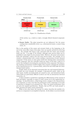 2.1. Faults and fault tolerance 19
Figure 2.1: Classiﬁcation of faults.
of the system, e.g., a leak in a tank, a wrongly diluted chemical compound,
etc.
• Sensor faults: The plant properties are not inﬂuenced, but the sensor
readings have considerable errors, e.g., a disconnected sensor, a sensor being
stuck, etc.
Due to the position of the sensor and actuator faults at the beginning or the
end of the cause-eﬀect chain of the plant, there are speciﬁc methods for detecting
them. For example this book is only concerned with the sensor and actuator
faults (see Sec. 4 on page 47 for details), although some process faults can be
modelled to some degree by the actuator faults. However, the sensor and actuator
faults left unchecked, could in the end cause process faults. For example, let us
consider a chemical plant with a sensor reading a concentration of some chemical
compound. If this sensor at some point would start showing lower concentration
of this compound, then the controller being not aware of the fault, could try to
correct the readings by increasing the concentration of the compound. By doing so,
the resulting concentration would be higher than required, changing the dynamics
of the chemical process (i.e., a process fault), and in the end could make the entire
chemical batch useless.
Finally, faults can be discerned concerning their size and temporal behaviour.
The fault can occur abruptly, for example, a disconnected sensor, while on the
other hand, steadily increasing faults are caused by wear, and intermittent faults
(these faults are particularly diﬃcult to detect) are due an intermittent electrical
connection, etc.
A short reminder is needed here regarding the diﬀerentiation of the concept of
fault and failure, especially in respect to their current use in the engineering ter-
minology. As described above, a fault brings about a change in the characteristics
of a component, in such a way that the performance of the component or its mode
of operation is changed in an unwanted way. Thus, the system performance does
not meet the required speciﬁcations. Despite, that an FTC can “work around” a
fault and keep the faulty system operational.
While on the other hand, the concept of a failure describes the inability of a
system or a component to accomplish its function. As the failure is an irrecoverable
 