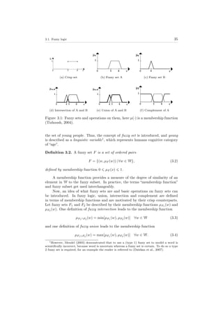 3.1. Fuzzy logic 35
(a) Crisp set (b) Fuzzy set A (c) Fuzzy set B
(d) Intersection of A and B (e) Union of A and B (f) Complement of A
Figure 3.1: Fuzzy sets and operations on them, here µ(·) is a membership function
(Tizhoosh, 2004).
the set of young people. Thus, the concept of fuzzy set is introduced, and young
is described as a linguistic variable1
, which represents humans cognitive category
of “age”.
Deﬁnition 3.2. A fuzzy set F is a set of ordered pairs
F = {(w, µF (w)) | ∀w ∈ W}, (3.2)
deﬁned by membership function 0 µF (x) 1.
A membership function provides a measure of the degree of similarity of an
element in W to the fuzzy subset. In practice, the terms “membership function”
and fuzzy subset get used interchangeably.
Now, an idea of what fuzzy sets are and basic operations on fuzzy sets can
be introduced. In fuzzy logic, union, intersection and complement are deﬁned
in terms of membership functions and are motivated by their crisp counterparts.
Let fuzzy sets F1 and F2 be described by their membership functions µF1 (w) and
µF2 (w). One deﬁnition of fuzzy intersection leads to the membership function
µF1∩F2
(w) = min[µF1
(w), µF2
(w)] ∀w ∈ W (3.3)
and one deﬁnition of fuzzy union leads to the membership function
µF1∪F2
(w) = max[µF1
(w), µF2
(w)] ∀w ∈ W. (3.4)
1However, Mendel (2003) demonstrated that to use a (type 1) fuzzy set to model a word is
scientiﬁcally incorrect, because word is uncertain whereas a fuzzy set is certain. To do so a type
2 fuzzy set is required, for an example the reader is referred to (Dziekan et al., 2007).
 