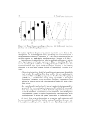 44 3. Takagi-Sugeno fuzzy systems
0 2000 4000 6000 8000 10000 12000 14000 16000 18000
0
0.1
0.2
0.3
0.4
0.5
0.6
0.7
0.8
0.9
1
Time [s]
Controlsignal
u3
(g)
100 150 200 250 300
0
0.1
0.2
0.3
0.4
0.5
0.6
0.7
0.8
0.9
1
Premise variable
Membershipvalue
F1
F2
F3
F4
F5
(h)
Figure 3.4: Tunnel furnace modelling results cont.: (g) third control trajectory,
(h) fuzzy sets used in Takagi-Sugeno model.
the optimal experiment design is of paramount importance and is often an iter-
ative process. An interesting paper dealing speciﬁcally with identiﬁcation of T-S
fuzzy models can be found in (Johansen et al., 2000) and its recommendations are
partially repeated in a book dealing with fuzzy systems (Espinosa et al., 2004).
In non-linear system identiﬁcation, both the amplitude and frequency contents
of the input signals are of major importance. Thus, for identifying T-S fuzzy
models containing both equilibrium and oﬀ-equilibrium local aﬃne models, it is
recommended that input signals should be designed according to the following
guidelines, to be useful if the model is intended for control design (Johansen et al.,
2000):
• The system in question, should be brought through a sequence of equilibria
that includes the equilibria of the local models. At each equilibrium the
system should be excited by super-positioned Pseudorandom, Binary Signal
(PRBS), i.e., a pseudorandom, usually binary signal added to the original
input signal. The PRBS signals should have a frequency content that covers
an interval from the inverse rise time to above the bandwidth of the closed-
loop system.
• For each oﬀ-equilibrium local model, several transient trajectories should be
generated. The corresponding input signals should contain both large ampli-
tude steps and perturbations, so both the trend and perturbation dynamics
of the oﬀ-equilibrium local models could be determined. Also the frequency
contents should typically be higher compared to the frequency content of the
equilibrium data to prevent the system from settling at some equilibrium.
Of course, these are general guidelines, so in practical applications there will
be some constraints that will often limit the number of transitions, frequency con-
tent, amplitudes, and length of the experiment. Also depending strongly on the
 