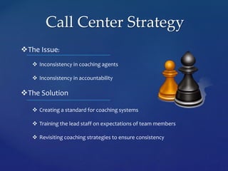 Call Center Strategy
The Issue:
 Inconsistency in coaching agents
 Inconsistency in accountability
The Solution
 Creating a standard for coaching systems
 Training the lead staff on expectations of team members
 Revisiting coaching strategies to ensure consistency
 