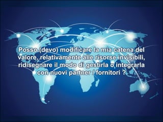 Posso (devo) modificare la mia catena del
valore, relativamente alle risorse invisibili,
ridisegnare il modo di gestirla o integrarla
con nuovi partner / fornitori ?
 