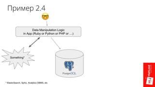 Data Manipulation Logic
in App (Ruby or Python or PHP or …)
Something*
* ElasticSearch, Sphix, Analytics DBMS, etc
Пример 2.4
 