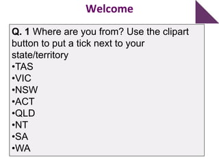 WelcomeQ. 1 Where are you from? Use the clipart button to put a tick next to your state/territoryTAS