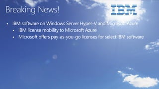 Breaking News! 
IBM software on Windows Server Hyper-V and Microsoft Azure 
IBM license mobility to Microsoft Azure 
Microsoft offers pay-as-you-go licenses for select IBM software  