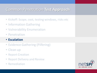 Common Penetration Test Approach

• Kickoff: Scope, cost, testing windows, risks etc
•   Information Gathering
•   Vulnerability Enumeration
•   Penetration
•   Escalation
•   Evidence Gathering (Pilfering)
•   Clean up
• Report Creation
• Report Delivery and Review
• Remediation
 