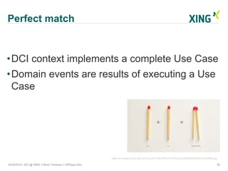 Perfect match
10/25/2015 DCI @ XING // Boris Tveritnev // XPDays Kiev 32
•DCI context implements a complete Use Case
•Domain events are results of executing a Use
Case
https://s-media-cache-ak0.pinimg.com/736x/7f/f3/7c/7ff37ca2c4d90a56064d0fc3d42ef58a.jpg
 