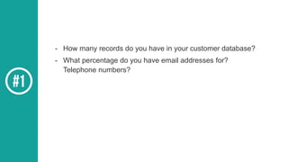 - How many records do you have in your customer database?
- What percentage do you have email addresses for?
Telephone numbers?
 