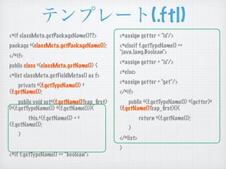 (.ftl)
<#if classMeta.getPackageName()??>            <#assign getter = "is"/>
package ${classMeta.getPackageName()};        <#elseif f.getTypeName() ==
                                              "java.lang.Boolean">
</#if>
                                              <#assign getter = "is"/>
public class ${classMeta.getName()} {
                                              <#else>
<#list classMeta.getFieldMetas() as f>
                                              <#assign getter = "get"/>
    private ${f.getTypeName()} $
{f.getName()};                                </#if>
     public void set${f.getName()?cap_ﬁrst}       public ${f.getTypeName()} ${getter}$
(${f.getTypeName()} ${f.getName()}){          {f.getName()?cap_ﬁrst}(){
        this.${f.getName()} = $                          return ${f.getName()};
{f.getName()};
                                                  }
   }
                                              </#list>
                                              }
<#if f.getTypeName() == "boolean">
 