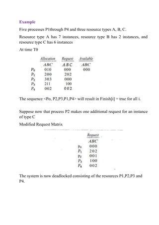 Example
Five processes P1through P4 and three resource types A, B, C.
Resource type A has 7 instances, resource type B has 2 instances, and
resource type C has 6 instances
At time T0
The sequence <Po, P2,P3,P1,P4> will result in Finish[i] = true for all i.
Suppose now that process P2 makes one additional request for an instance
of type C
Modified Request Matrix
The system is now deadlocked consisting of the resources P1,P2,P3 and
P4.
 