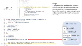 Setup
Bridge
A bridge behaves like a network switch. It
forwards packets between interfaces that
are connected to it. It's usually used for
forwarding packets on routers, on gateways,
or between VMs and network namespaces
on a host.
k8s-control-plane
eth0
lo
cni0
kube-ipvs0
127.0.0.1/8
172.80.1.2/24
10.96.0.1/32
10.244.0.1/24
 