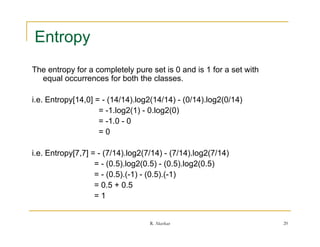 Entropy
      y
The entropy for a completely pure set is 0 and is 1 for a set with
  equal occurrences f both th classes.
        l            for b th the l

i.e. Entropy[14,0] = - (14/14).log2(14/14) - (0/14).log2(0/14)
                    = -1.log2(1) - 0 l 2(0)
                       1 l 2(1) 0.log2(0)
                    = -1.0 - 0
                    =0

i.e. Entropy[7,7] = - (7/14).log2(7/14) - (7/14).log2(7/14)
                   = - (0.5).log2(0.5) - (0.5).log2(0.5)
                   = - (0.5).(-1) - (0.5).(-1)
                   = 0.5 + 0.5
                   =1


                                   R. Akerkar                        20
 