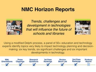 Trends, challenges and
development in technologies
that will inﬂuence the future of
schools and libraries
NMC Horizon Reports
Using a modiﬁed Delphi process, a panel of 50+ education and technology
experts identify topics very likely to impact technology planning and decision-
making: six key trends, six signiﬁcant challenges and six important
developments in technology.
 