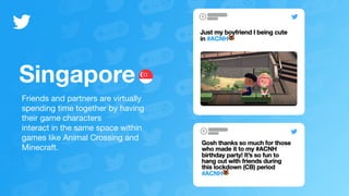 Singapore
Friends and partners are virtually
spending time together by having
their game characters

interact in the same space within
games like Animal Crossing and
Minecraft.
 